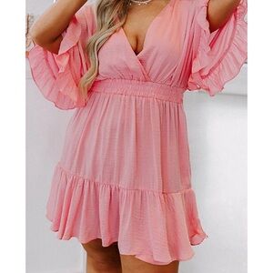 Elegant Pink Ruffle Sleeve Dress